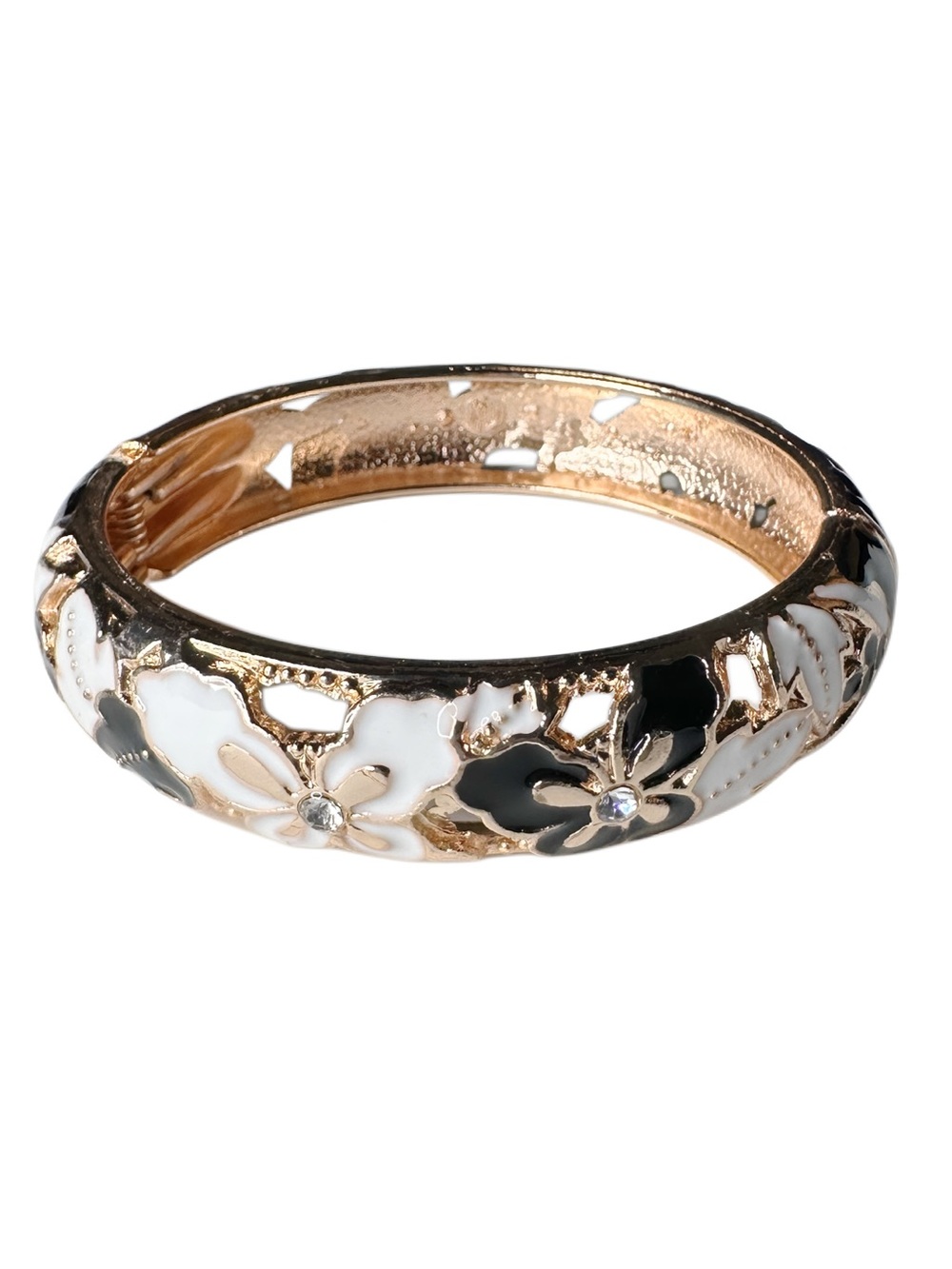 Gold Tone Black & White Enamel Floral Hinged Bangle Bracelet
